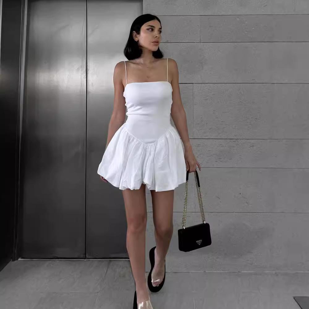 Women Black Strapless Suspender Evening Dress Bubble Mini Dress Plain Puff Short Dress Y2K Streetwear