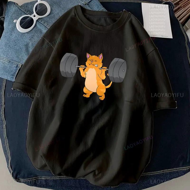 Kočka Vzpírání Potisk Tričko Cvičení Vtipný Gym Design Nálepka Grafika Vysoce Kvalitní Trička Dámské Oblečení Camisetas