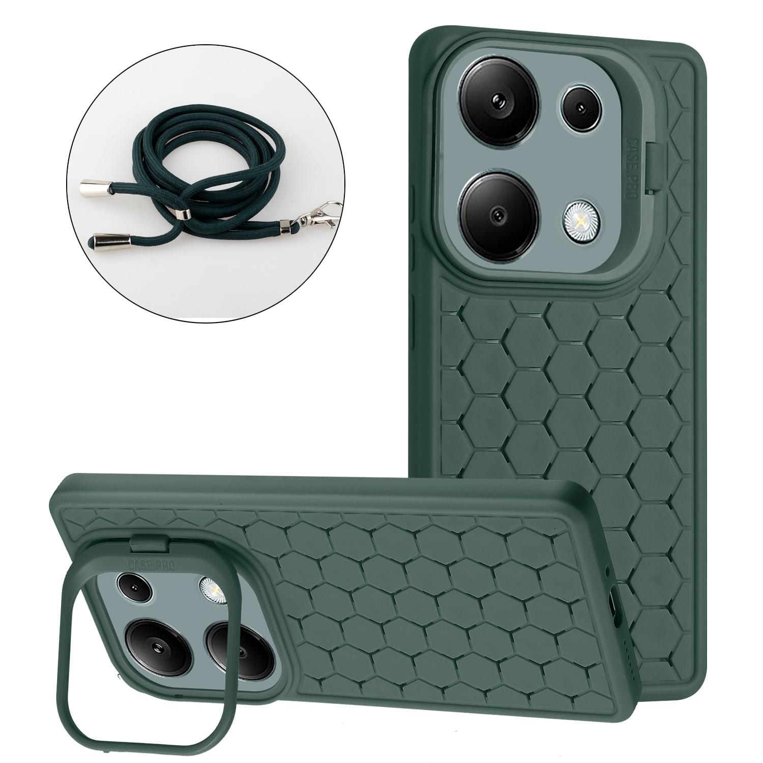

For Xiaomi Redmi Note 13 Pro 4G/Poco M6 Pro 4G Case Heat Dissipation TPU Kickstand Cover with Lanyard Army Green