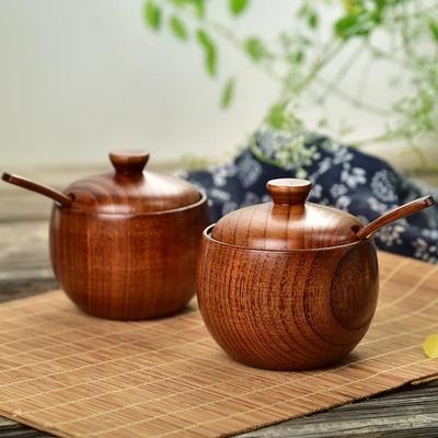 Creative Seasoning Jar Wooden Retro Salt Pepper Sugar Seasoning Storage Containers Tools with Spoon and Lid Kitchen Spice Jars