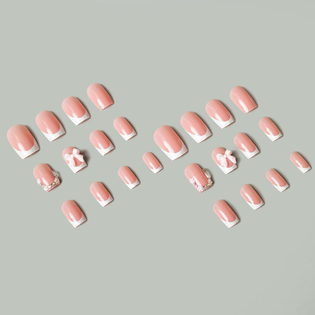 Pink Press on Nails with French White Tip Reusable Long Lasting Press on Nails for Women and Girl Nail Salon