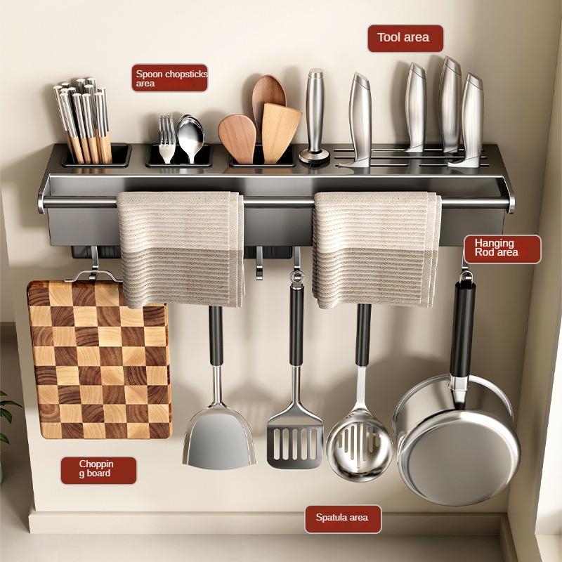 Versatile Stainless Steel Knife Organizer with Rug Holder Wall-mounted Utensils Holder for Chopstick Spoon & Fork