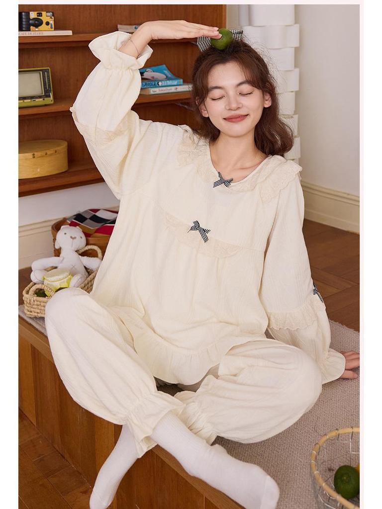 Women's French Court Style Cotton Pajama Set with Chest Pads - Long Sleeve, Long Pants for Spring & Autumn.