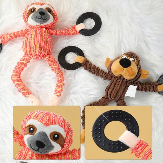 Interactive Dog Toy Squeaky Plush Animal Dog Chew Toy with Rubber Ring Stuffed Sloth Monkey Tug-of-War Toy for Puppy Teething