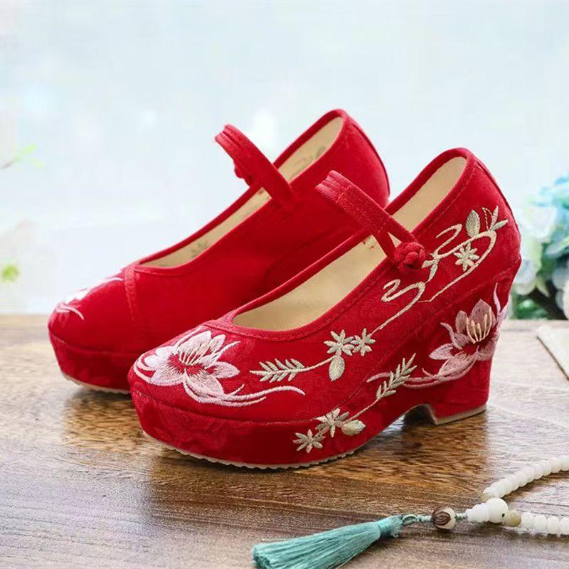 

Женские Туфли на Высоком Каблуке Вышитые Тканевые Обувь Этнический Стиль Толстая Подошва Круглый Носок Ремешок с Пряжкой Весна Осень Новые Тапочки Обувь в Стиле Ханьфу 35 красный