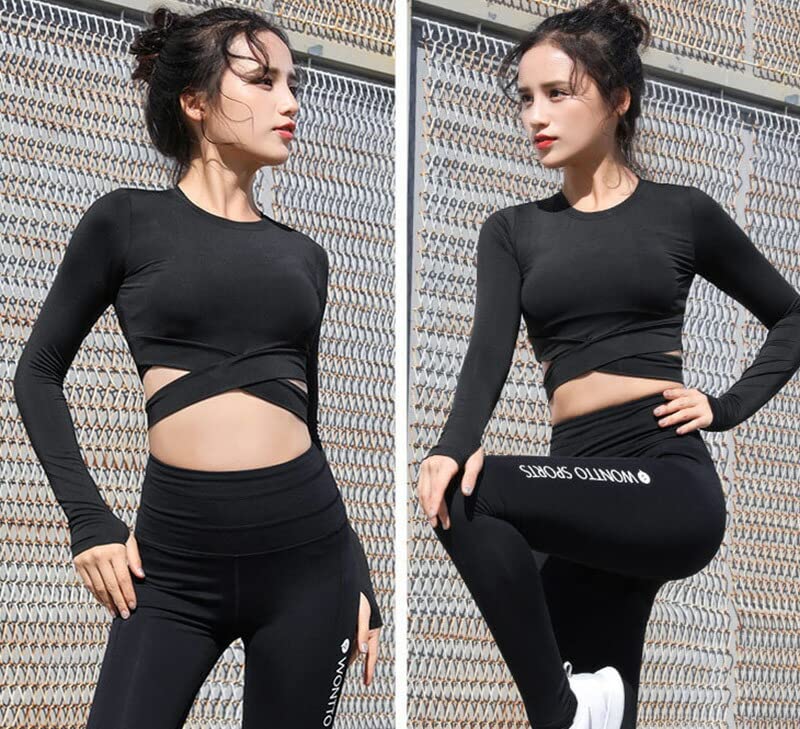 DAYCLOSET Yoga Long Short mit Finger Yoga114 Damen T-Shirt, Ärmel, Länge, Feuchtigkeitstransportierend, Schnelltrocknend, Löcher, Leicht, (M, Schwarz)