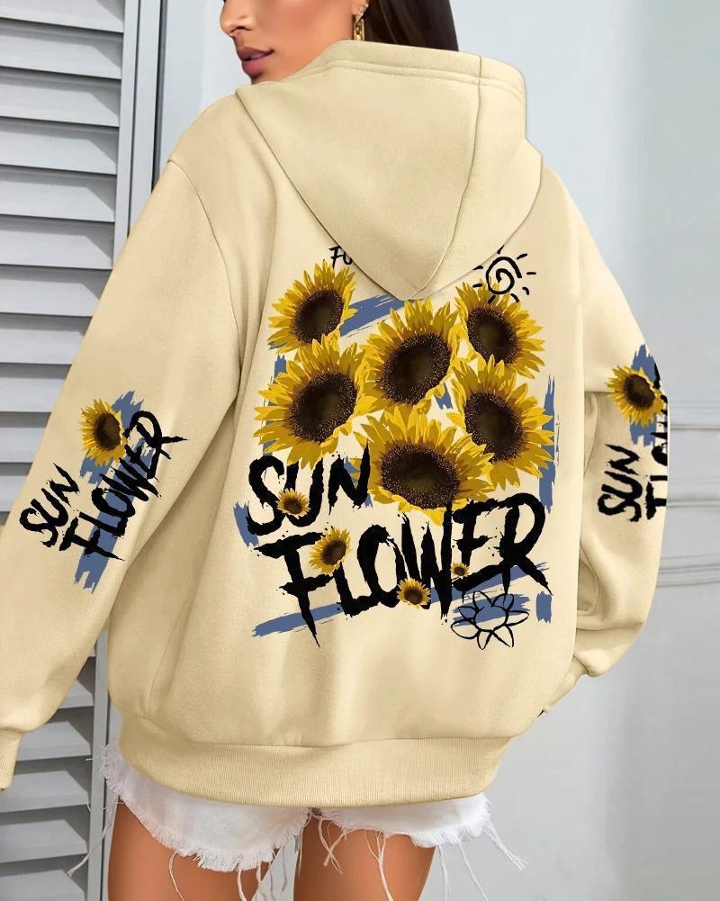 Damen Hoodie mit Sonnenblumen-Graffiti-Print, lockere Passform, mit Taschen
