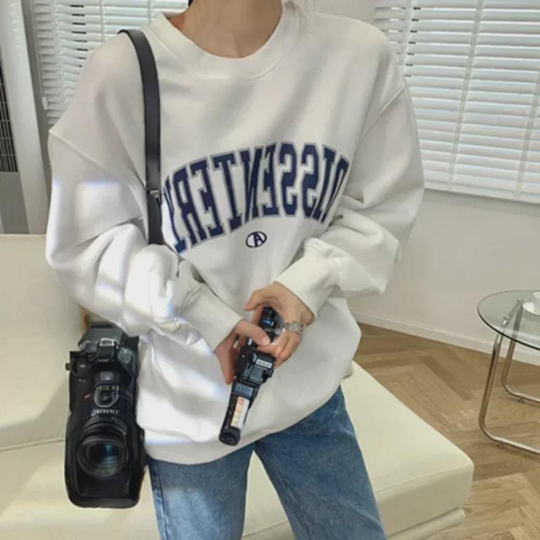 Women's Korean Letter Print Sweatshirts - Casual, Loose Fit, Round Neck for Autumn and Winter