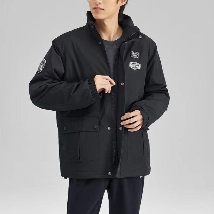 Skechers Colorful Casual Series Letter Zipper Stand Collar Sports Jacket Men jackets Carbon-Black L423M123-0018