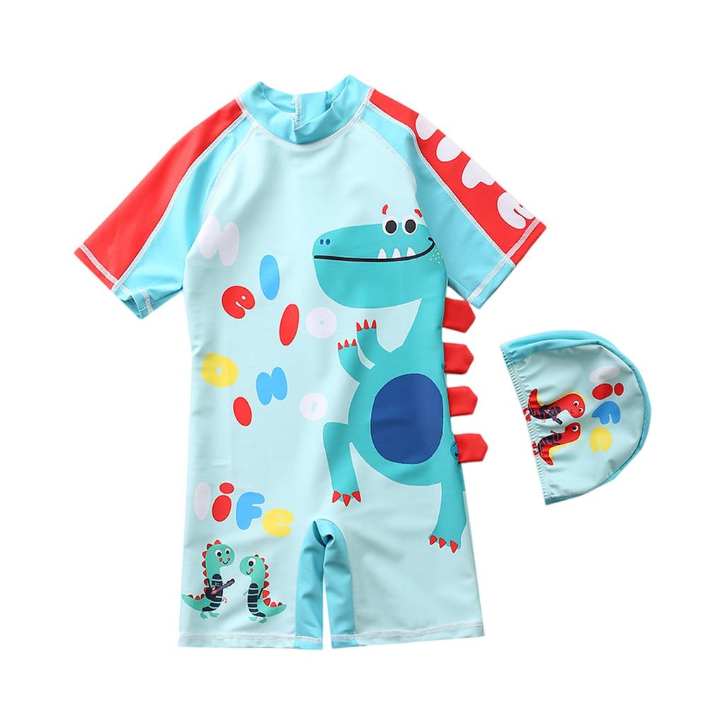 Boys Short Sleeve Hooded One-Piece Swimsuit Cartoon Dinosaur Print Beach Swimwear Summer Kids Swim Shirt with Matching Swim Cap