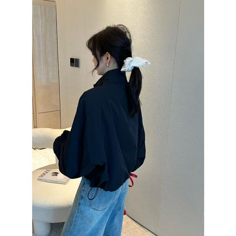 Autumn and Winter New Style Stand Collar Zipper Pocket Fashionable Solid Color Drawstring Loose Jacket