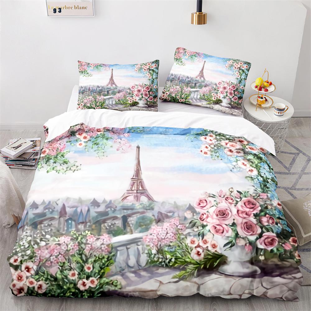 Paris Eiffel Tower Themed Couple Duvet Cover Set Cityscape Comforter Cover Romantic Polyester Bedspread Cover Pink Floral King