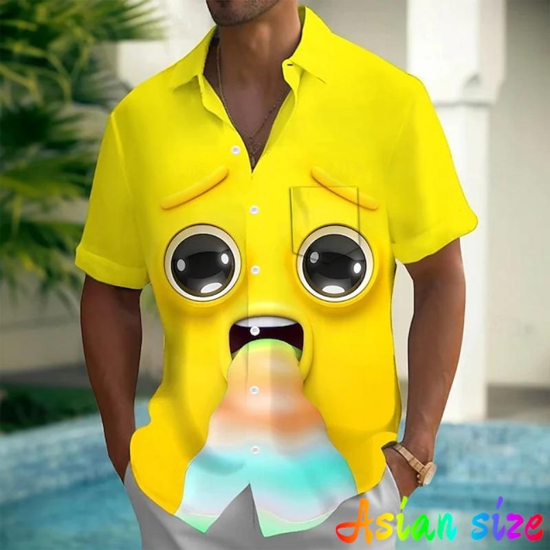 Camisas Hawaianas con Gráfico de Cara Sonriente Divertida Blusas de Manga Corta con Estampado 3D de Anime Blusa con Cuello para Fiesta de Vacaciones Verano