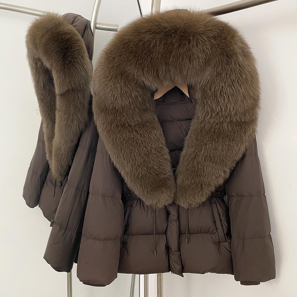 Removable oversized fox fur collar women's short down jacket women's winter new hooded waist and thin fur jacket