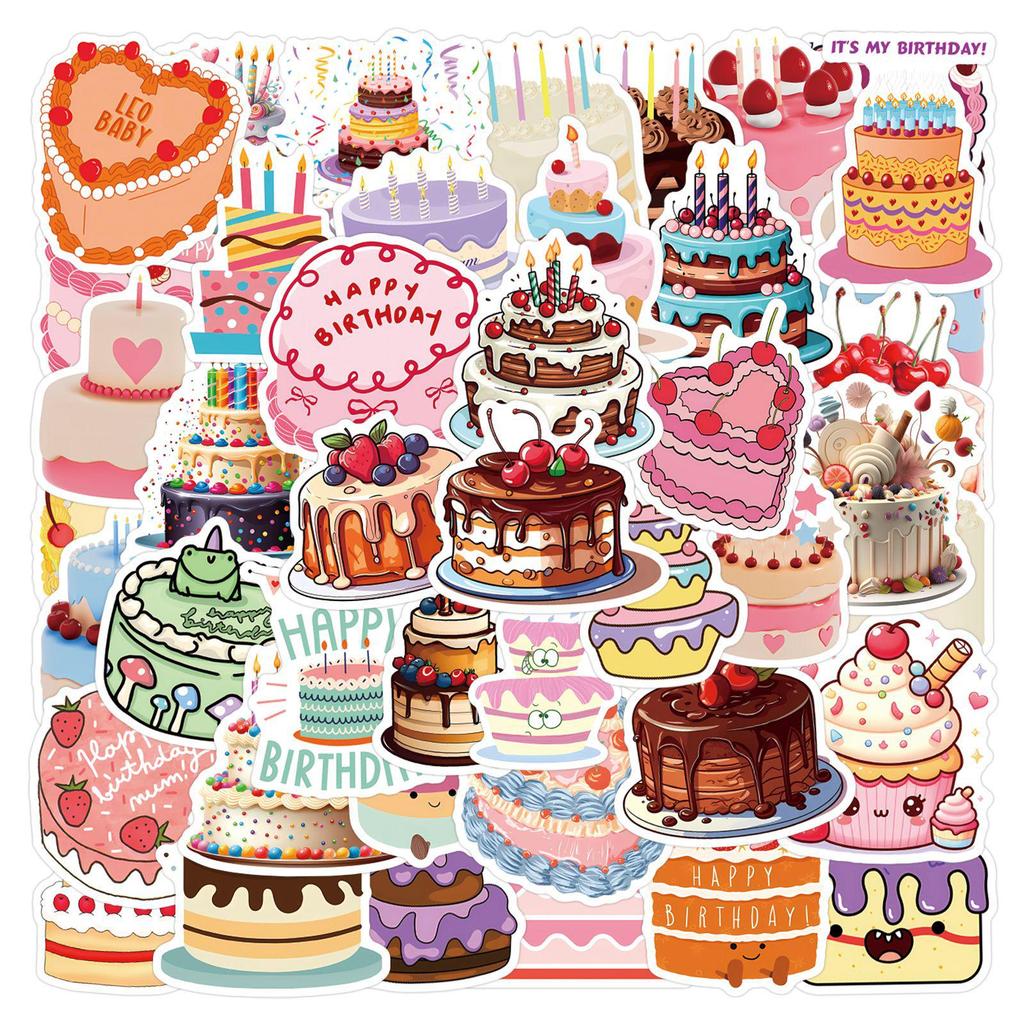 55 Sheets Cartoon Birthday Cake Graffiti Stickers - Waterproof for Notebooks & Luggage