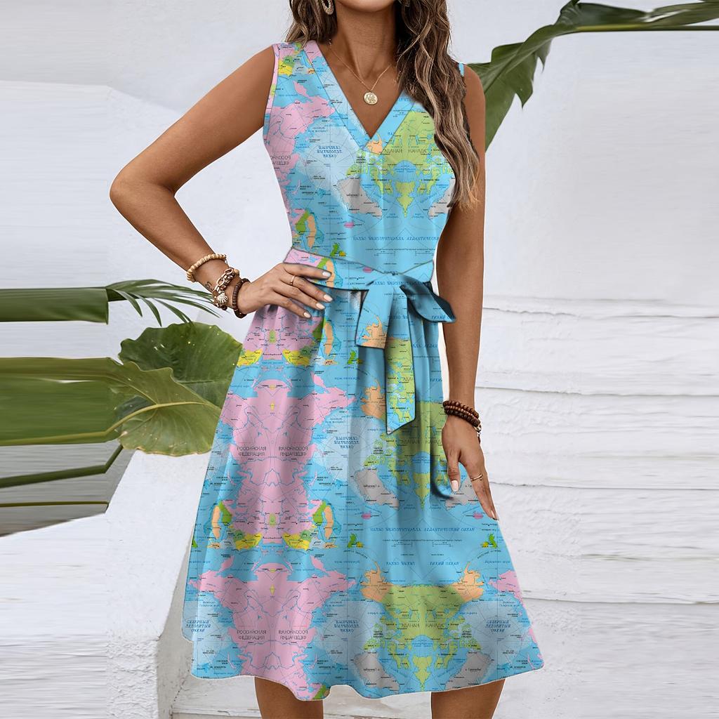 Women's Spring And Summer Casual V-Neck Sleeveless Waist Floral Print Midi Dress