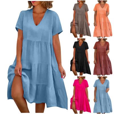 Fashion Women's Summer V Neck Casual Fashion Solid Color Pullover  Dress