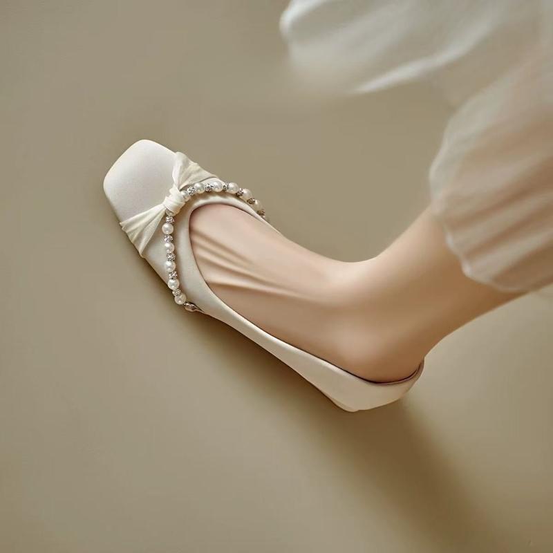 2025 New Shoes for Women's Summer Square Toe Beaded Thick Pumps Womens Versatile Shallow Mouth High-heeled Shoes Women