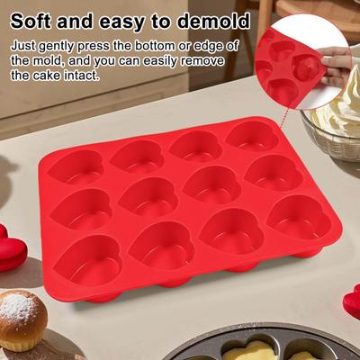 Silicone Muffin Pan 12-Cup Heart Cupcake Pan Non-stick Cake Mold Food-Grade Baking Mold for Cupcakes Chocolates Easy Demolding