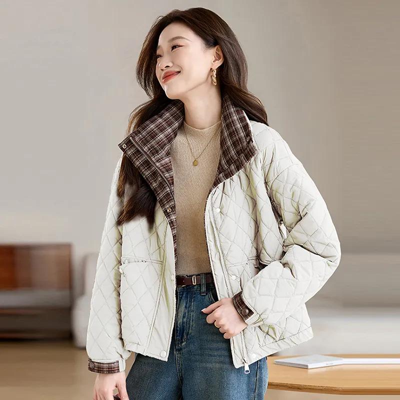 Women's Winter Stand-up Collar Diamond-shaped Grid Thin Cotton-padded Jacket, Autumn and Winter Loose Warm Jacket
