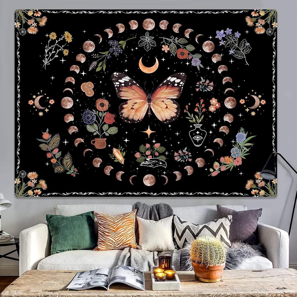 Orange Butterfly Moon Flower Tapestry Boho Floral Plant Tapestries For Bedroom Aesthetic Tapastry'S Wall Hanging Mandala