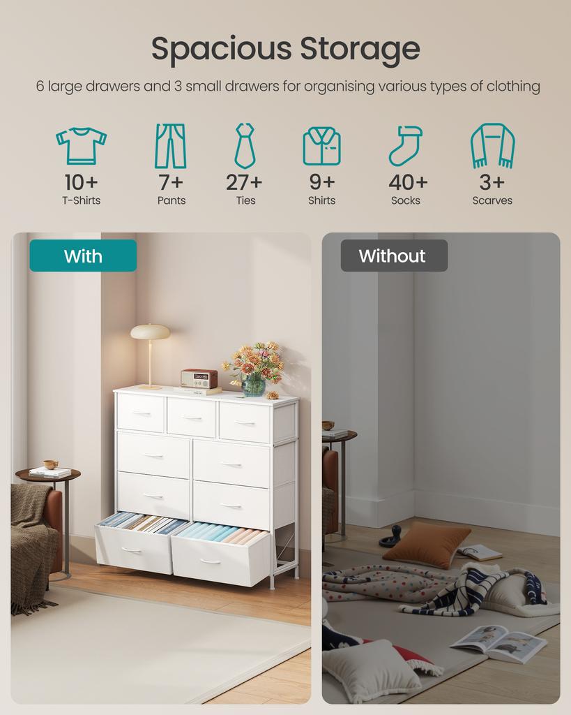 SONGMICS BELLAH Collection - Chest of Drawers, Storage Unit, Steel, for Bedroom, Closet, Hallway, Living Room, 9 Drawers, Modern