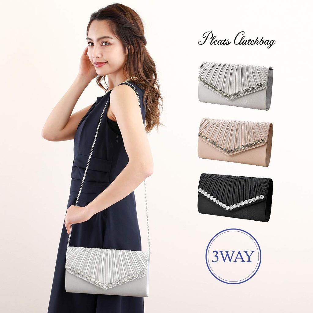 Plex Party Bag, Flower Motif, Stone, 3-Way Pleated Design, Clutch, Women's, Black