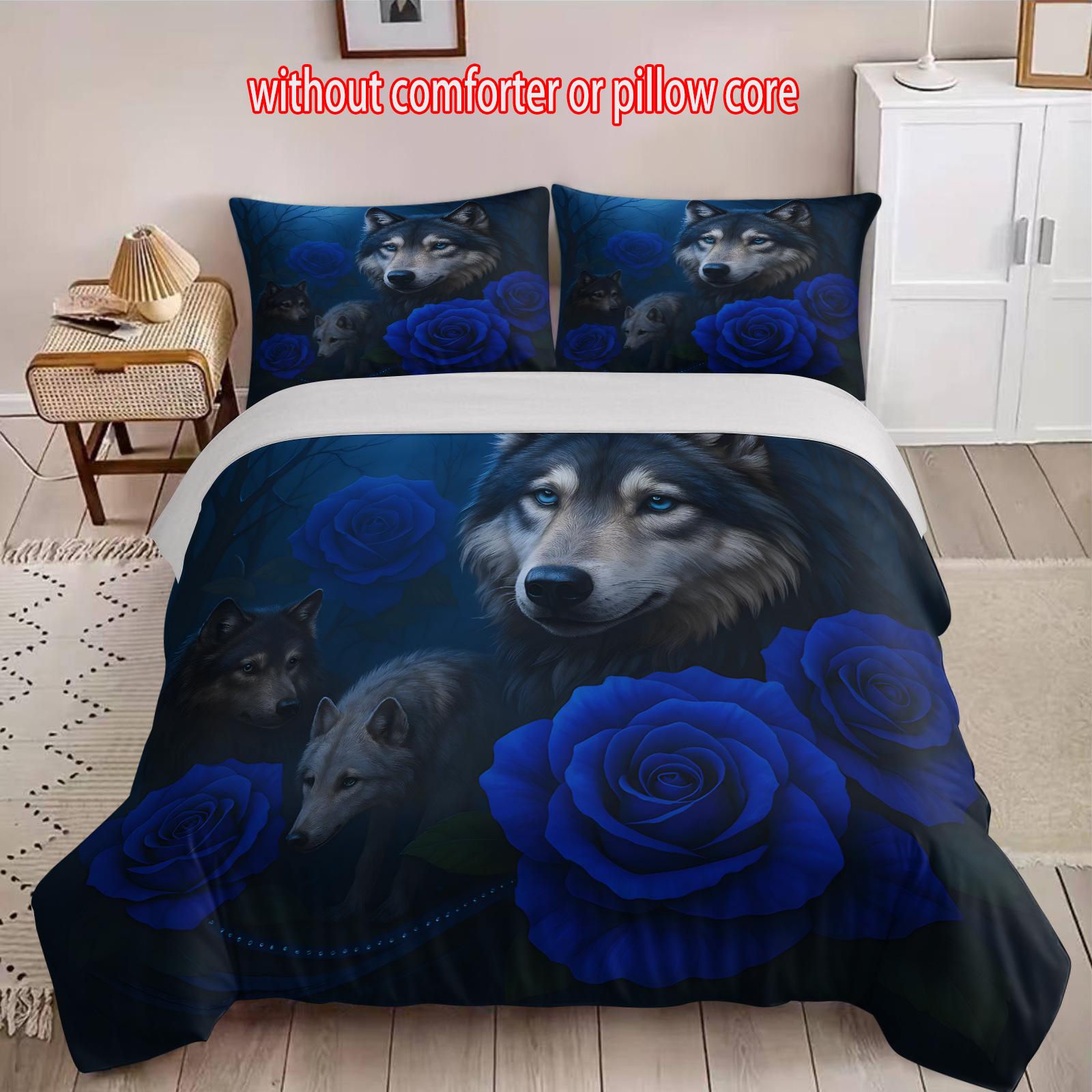 

Blue Rose Wolf Three-Piece 3D Digital Printing Quilt Set cover 90 * 200 + and 50 * 75 * 1