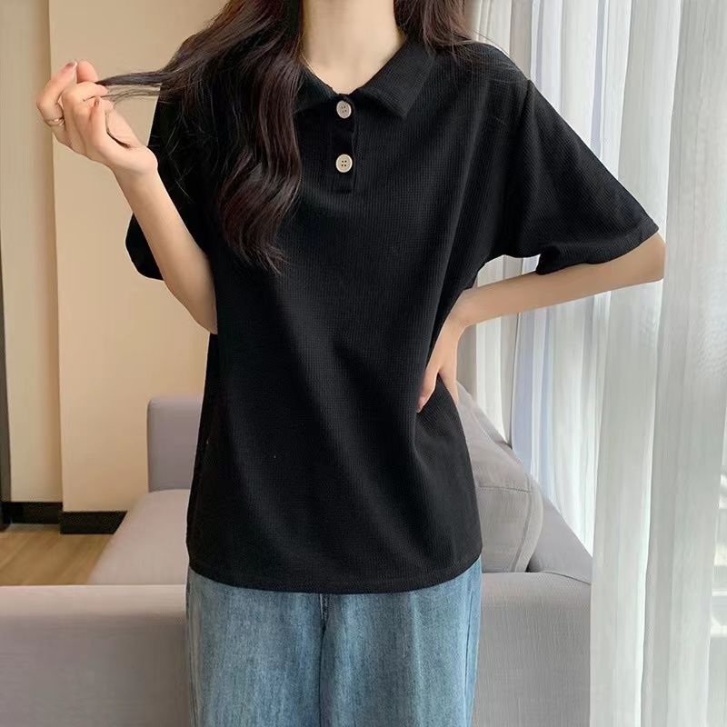 Polo Neck Korean Loose Slim T-shirt for Women's Summer New Waffle Base Shirt Lively Age-reducing Short-sleeved Top
