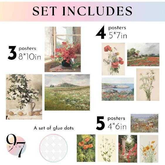 97 Decor Floral Wall Art - Vintage Floral Prints for Wall Decor, Flower Poster for Room Aesthetic Vintage Prints, French Garden Painting Spring