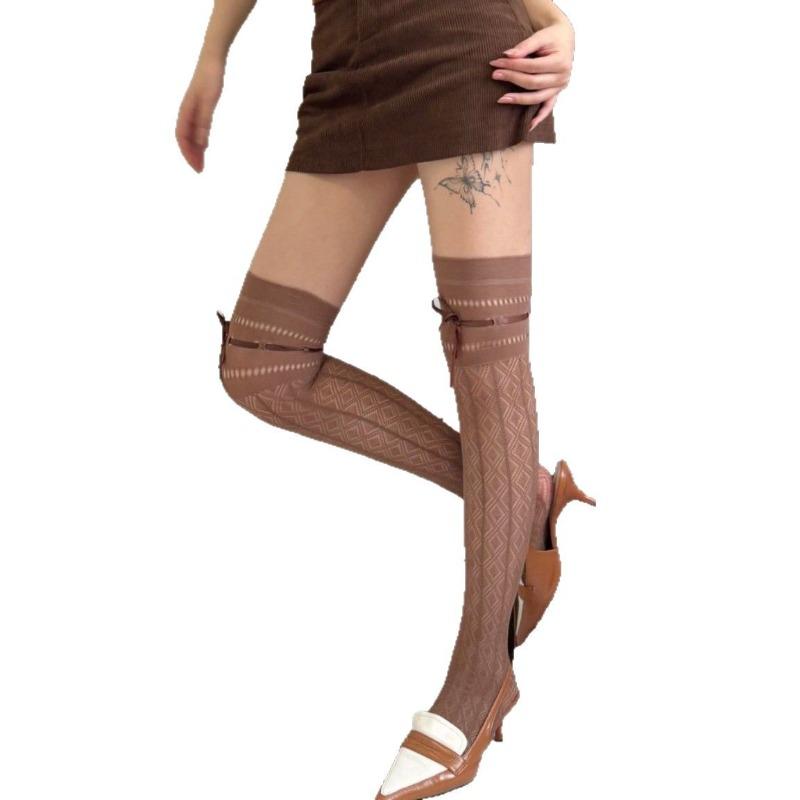 Balletcore Fishnet Thigh High Socks Women Diamond Geometric Hollow Sweet Lacing Straps Run-Resistant Slouchy Spring Summer