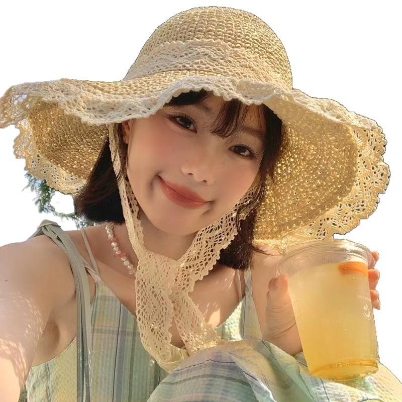 New Summer Large Brim Sun Protection Hat with Lace Trim, Hollow Design, Foldable, UV Protection, Beach Sun Hat