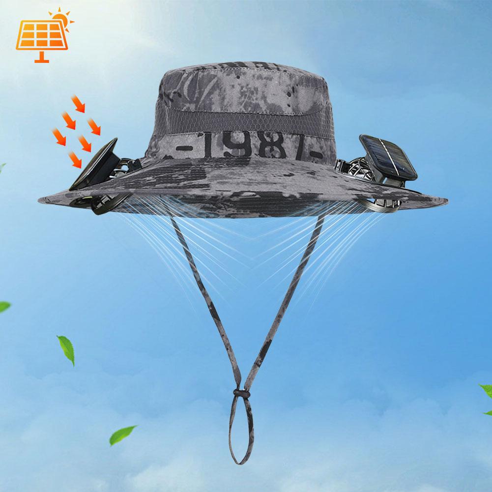 Solar Fan Hat Anti-UV Outdoor Wide Brim Sun Hat with 2 Fans Rechargeable Men Fisherman Cap for Camping Fishing Hiking