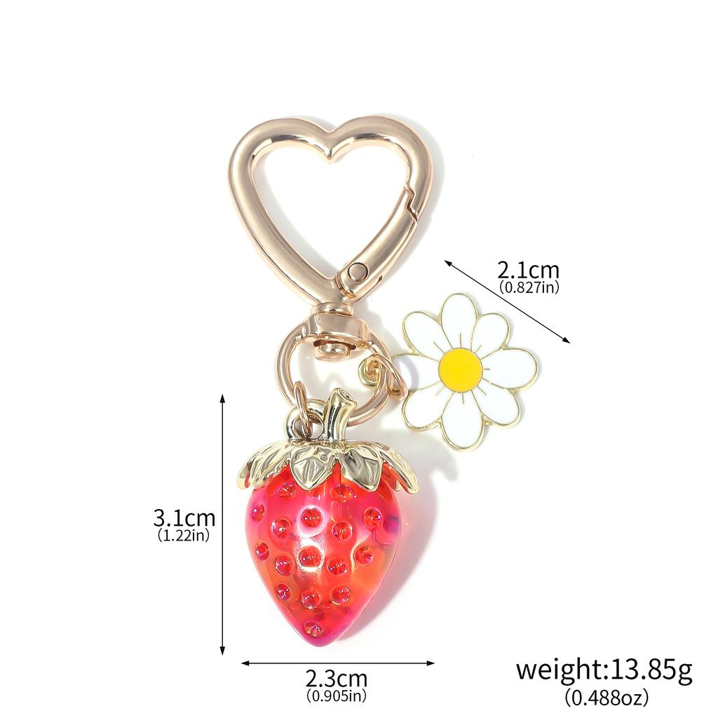 Cute Strawberry White Daisy Keychain Y2k Fruit Kawaii Heart Flower Keyring Backpack Pendant Men Women Jewelry Gifts
