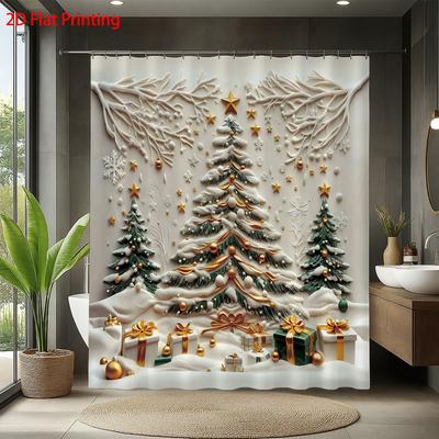 1Pc Christmas Tree Printed Waterproof Shower Curtain Partition Privacy Hanging Curtain, With 12 Hooks For Easy Installation