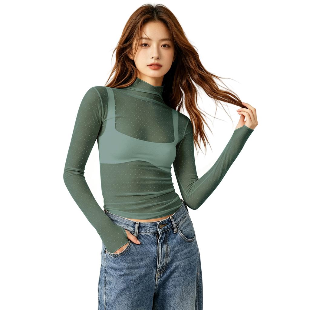 Women Sheer Mesh Polka Dot Long Sleeve Top Slim Fit Semi High Neck Stretchy Transparent T-Shirt Layering Base Shirt