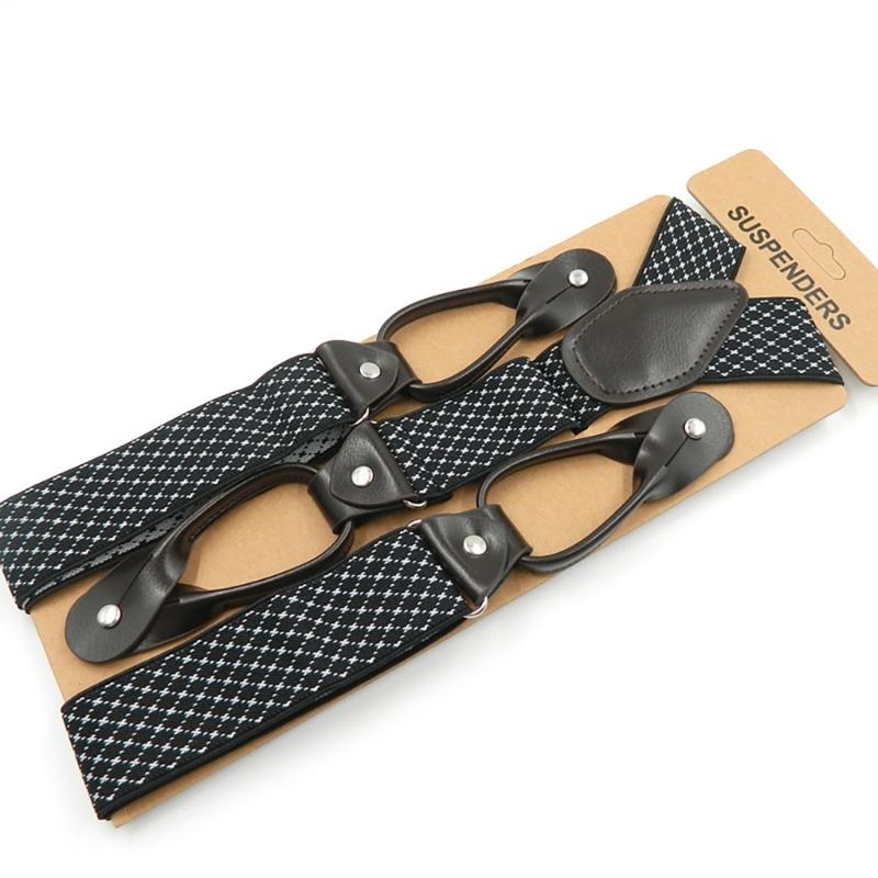 Tirantes clásicos y elegantes, ajustables, con cadena elástica y cierre de botón, color oscuro, ideales para bodas y ocasiones formales.
