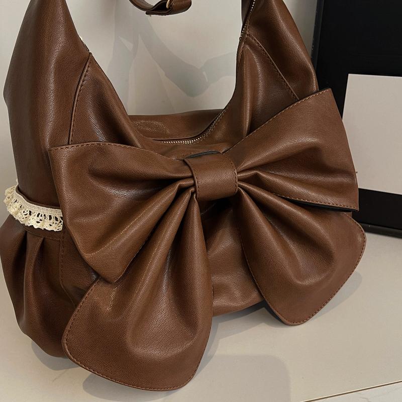 Damen Große Schleife Schultertasche - Weiche Kunstleder Hobo Tasche mit Spitzenverzierungen, Trendige Mode Handtasche für den Lässigen Täglichen Gebrauch & Einkaufen