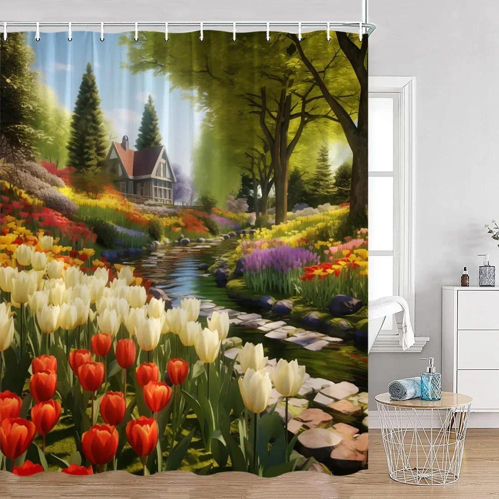 Colorful Flowers Green Plants Shower Curtain Trees Spring Landscape River Tulip Bathroom Curtain Polyester Bathroom Decoration