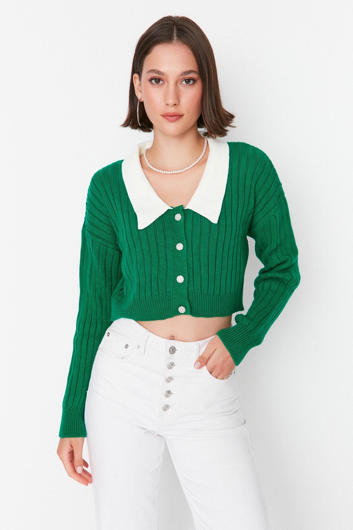 

Women s Elegance Style Cardigan Green Super Crop Shirt Collar Knitwear Cardigan L