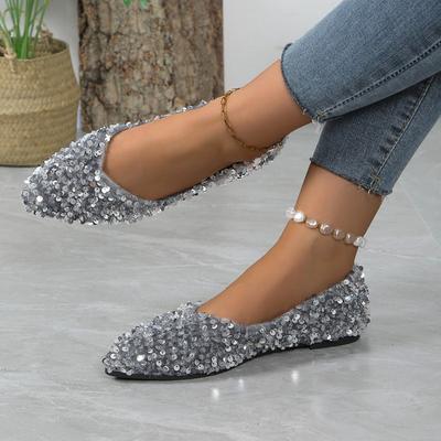 Fashion Bling Flat with Pumps Glossy Crystal Pointed Toe Shallow Slip-On Genuine Leather Fashion Elegant Concise Women Shoes 2024 Newest