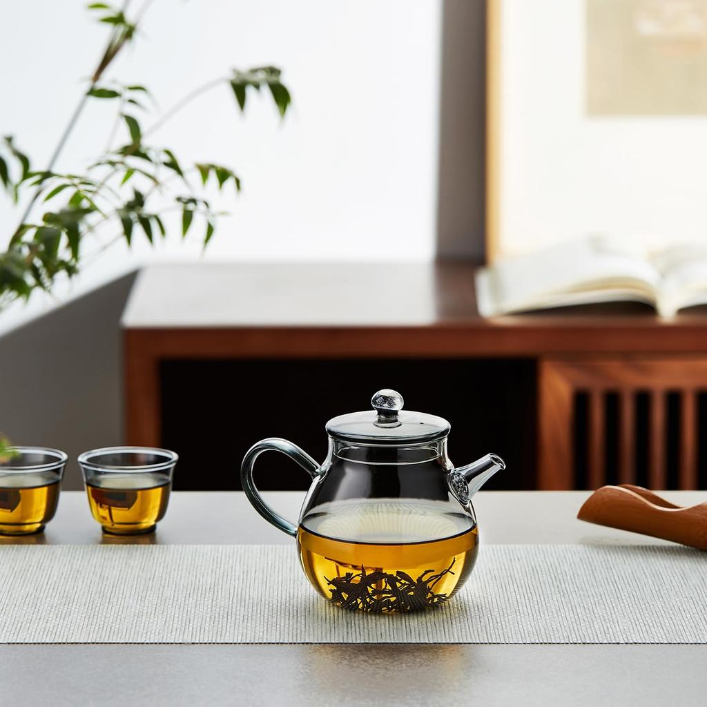 Pokaro Tea Heat-Resistant Glass Teapot, 370ml, Ink-Colored Design, Integrated Spout with Filter, Compact and Stylish Glass Teapot for Craft Tea,