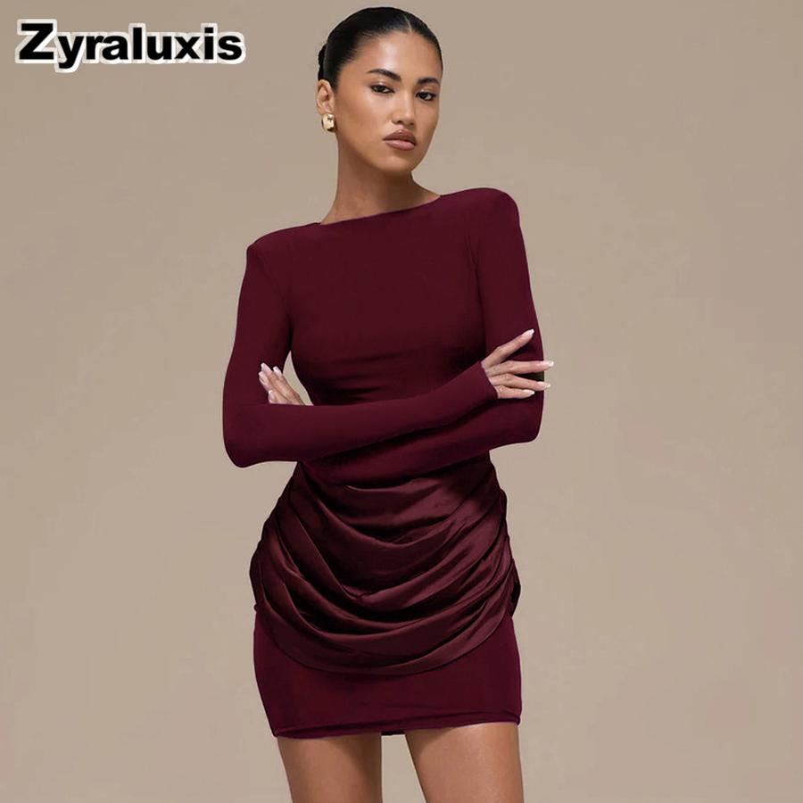 Women's Autumn Winter New Style Solid Elegant Casual Slim Fit Crew Neck Long Sleeve Ruffled Mini Dress