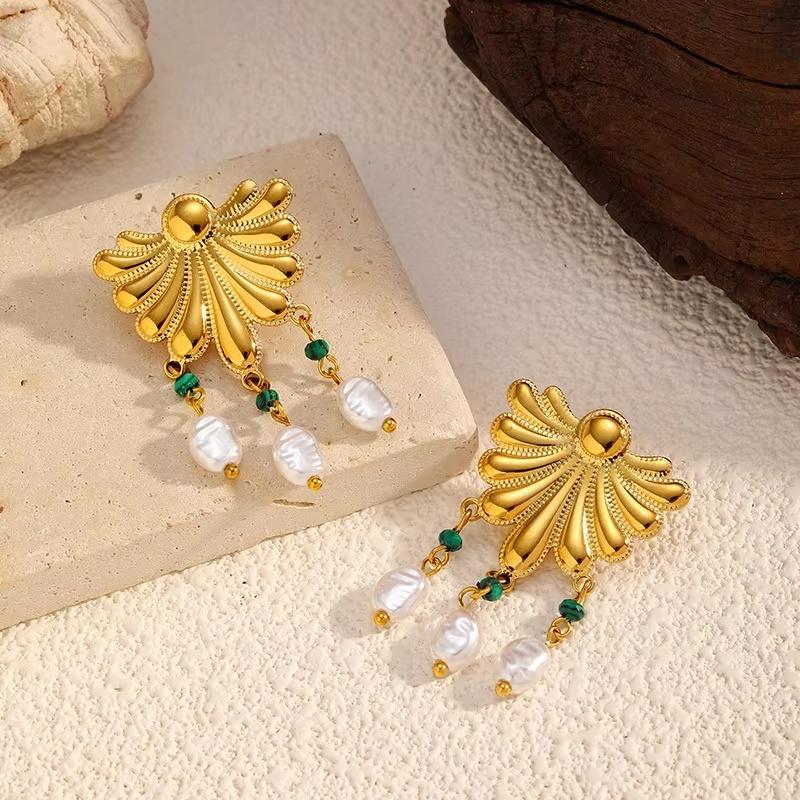 Fashion Exqusite Geometric Texture Stud Earrings Stainless Steel Pearl Tassel Earrings  For Woman Daily Wear Party Gifts