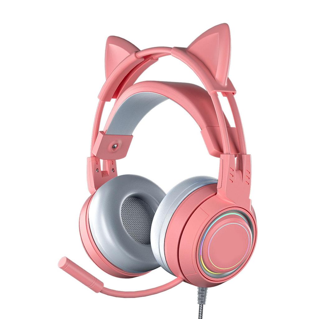 Cat Ear Headphones with Noise Reduction Microphone, Detachable Ears, All-Wrap Ear Cups, Over-Ear Gaming Headset (Pink)