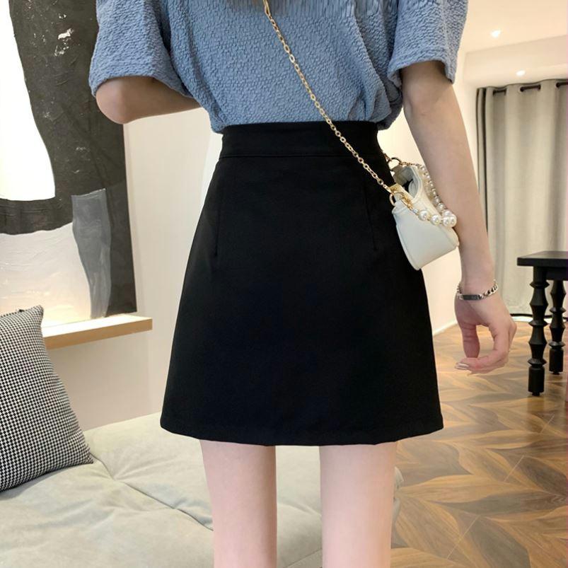 Women's 2023 Spring/Summer Black A-Line Midi Skirt with Irregular Slit - Petite Niche Design