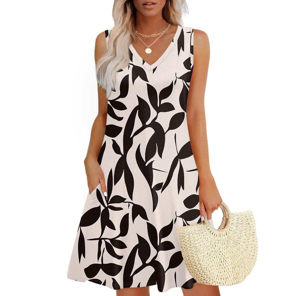 Women's Summer Dresses Loose Fit Printed V Neck Sleeveless Sundresses Beach Hawaiian Dress With Pockets