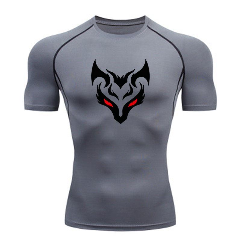 Men's Compression Fitness Sport T-Shirt, Cool Devil Face Red Eyes Print Quick Dry Breathable Athletic Top for Gym Workout Training Running Active Wear