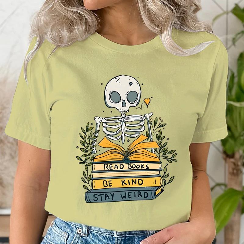 

Читайте книги Футболки De Kind Stay Weird Женская ретро-футболка с черепом и скелетом Футболка с коротким рукавом и круглым вырезом Футболка Bookworm Book Lover 3XL