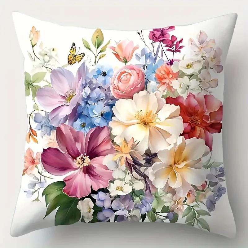 Single-Sided Printed Cushion Cover Plant Flower Soft Polyester Fabric Living Room Sofa Bedroom Bedside Decorative Pillowcase